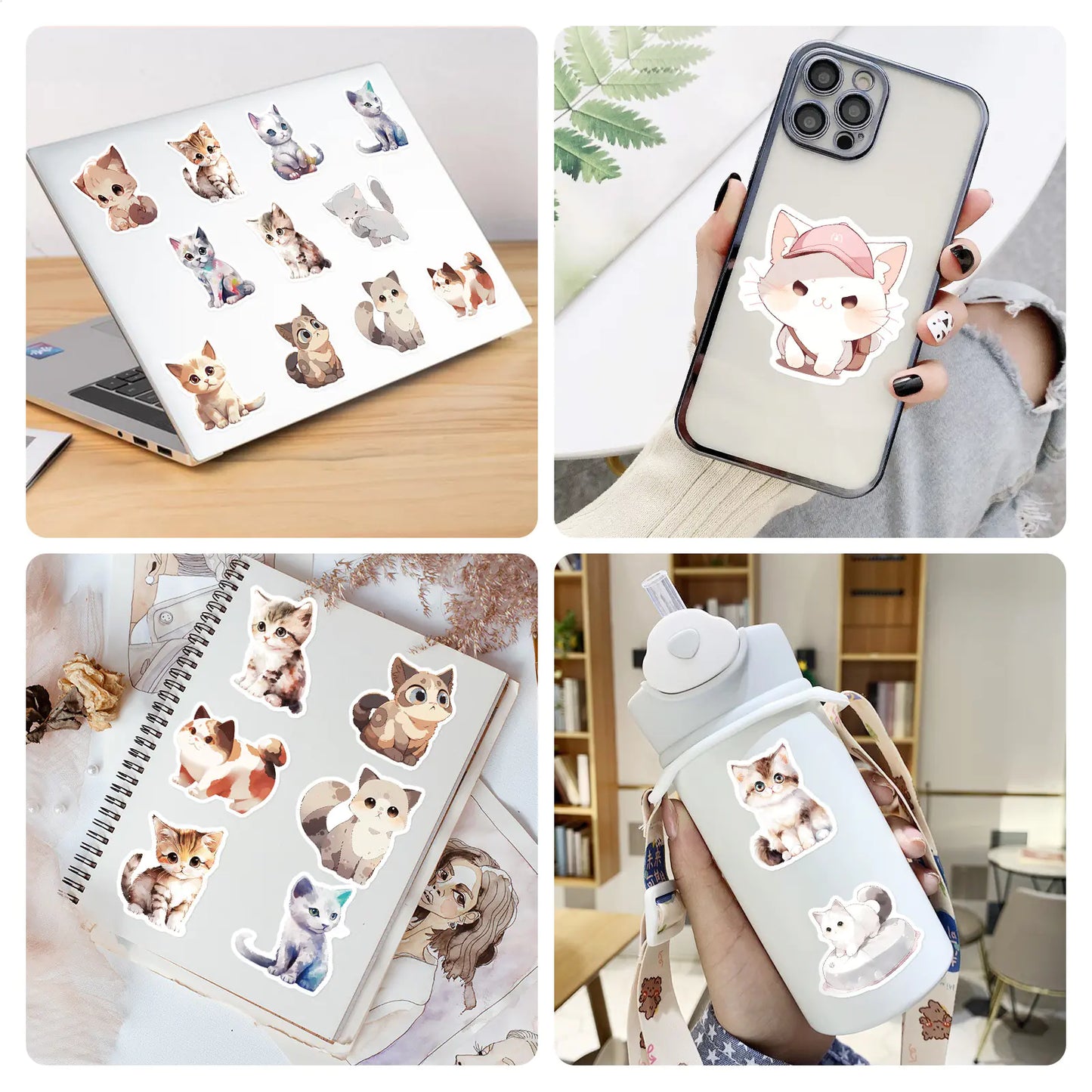 Cute Watercolor Cat Stickers for Laptops and Notebooks