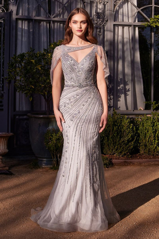 Shoulder Drape Crystal Beaded Gown-0
