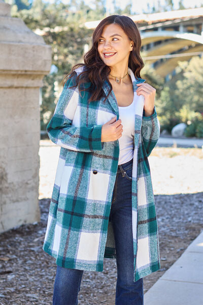 Double Take Full Size Plaid Button Up Lapel Collar Coat-5