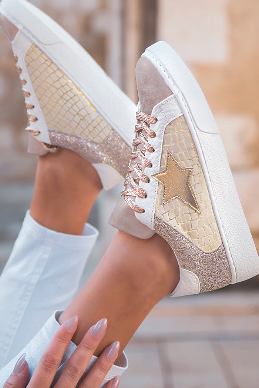 Clare Gold Glitter Star Lace-up Sneakers-3