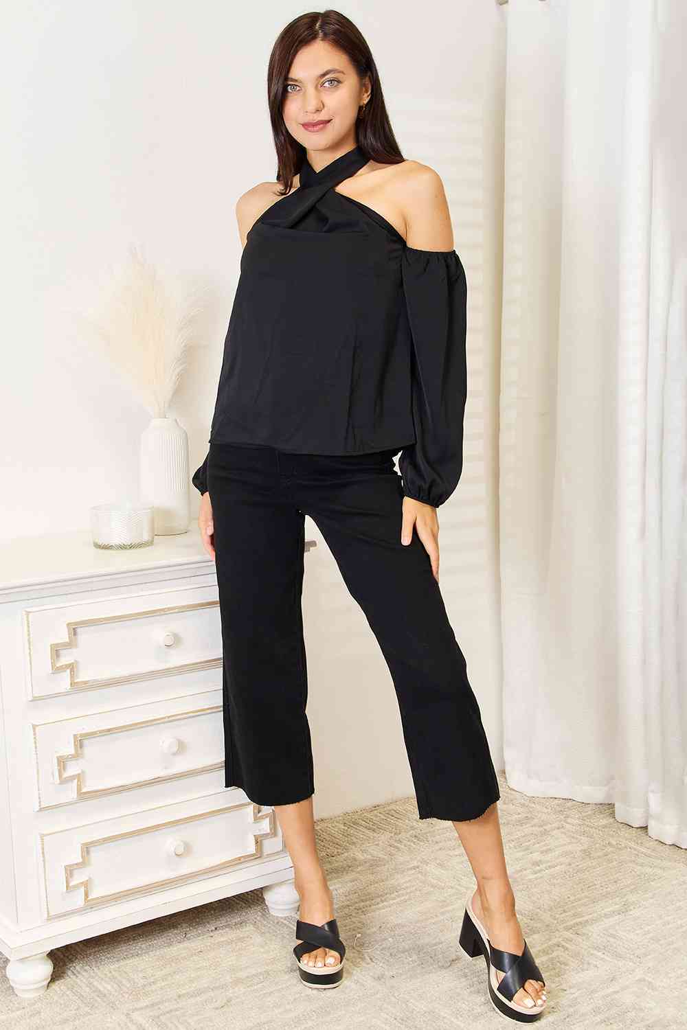 Double Take Grecian Cold Shoulder Long Sleeve Blouse-3