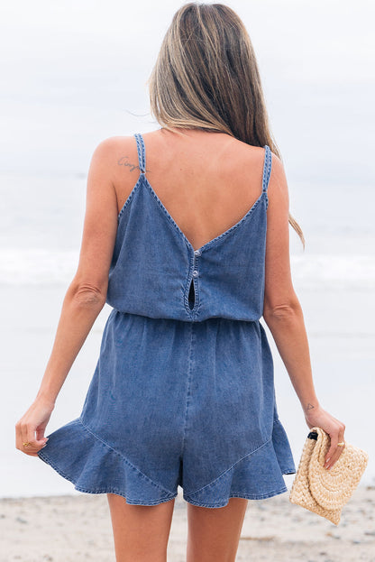 Aspyn Spaghetti Straps Ruffled Leg Chambray Romper-2