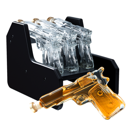 Gifts for Men Dad Whiskey Decanter Set | 7.7 Oz | Three Pistol Gun & Wooden Stand, Unique Birthday Gift Ideas Daughter Son, Home Bar Gifts, Drinking Accessories Military Present Cool Dispenser-0