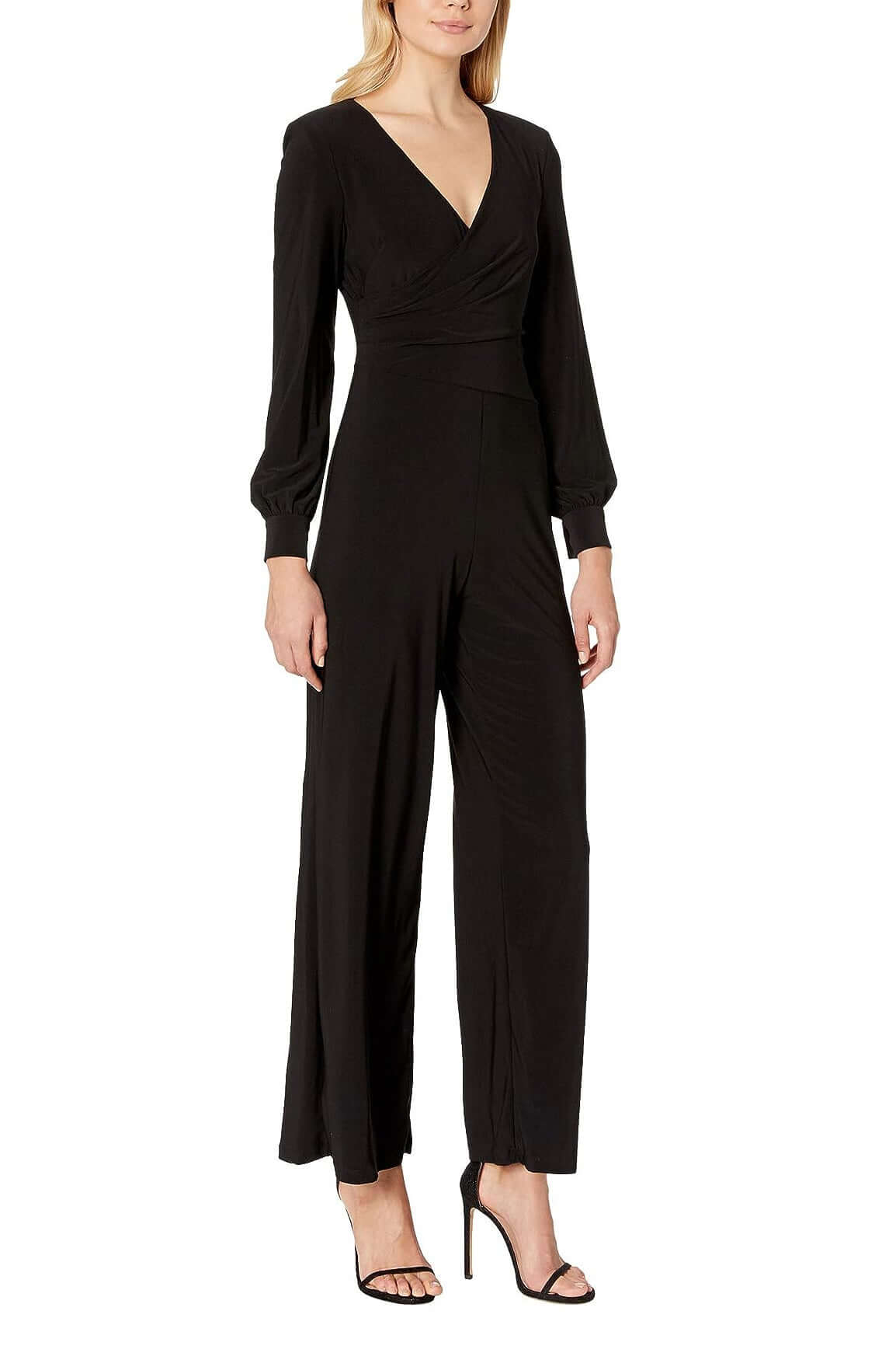 Adrianna Papell V-Neck Ruched Long Sleeve Zipper Back Solid Jersey Jumpsuit-1