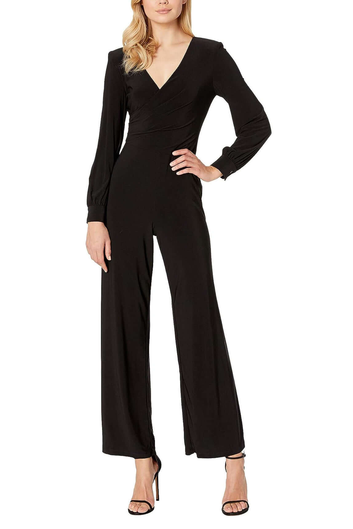 Adrianna Papell V-Neck Ruched Long Sleeve Zipper Back Solid Jersey Jumpsuit-0