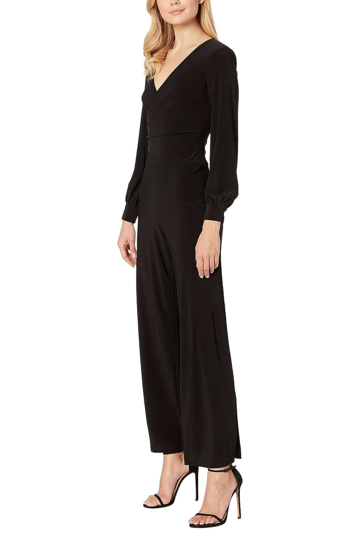 Adrianna Papell V-Neck Ruched Long Sleeve Zipper Back Solid Jersey Jumpsuit-2