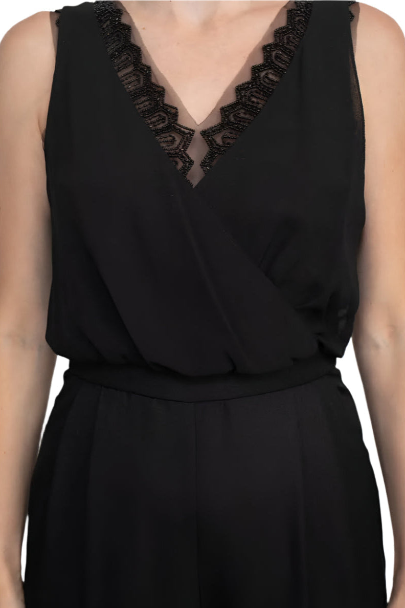 Adrianna Papell Scalloped V-Neck Sleeveless Zipper Back Solid Mesh Chiffon Jumpsuit-3