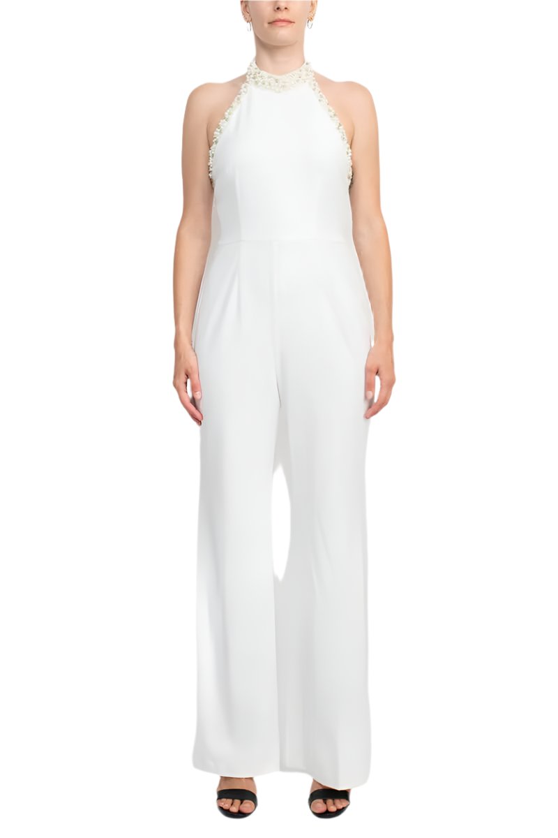 Adrianna Papell Embellished Halter Neck Open Zipper Back Solid Stretch Knit Crepe Jumpsuit-0