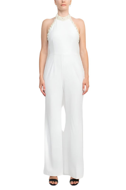 Adrianna Papell Embellished Halter Neck Open Zipper Back Solid Stretch Knit Crepe Jumpsuit-0