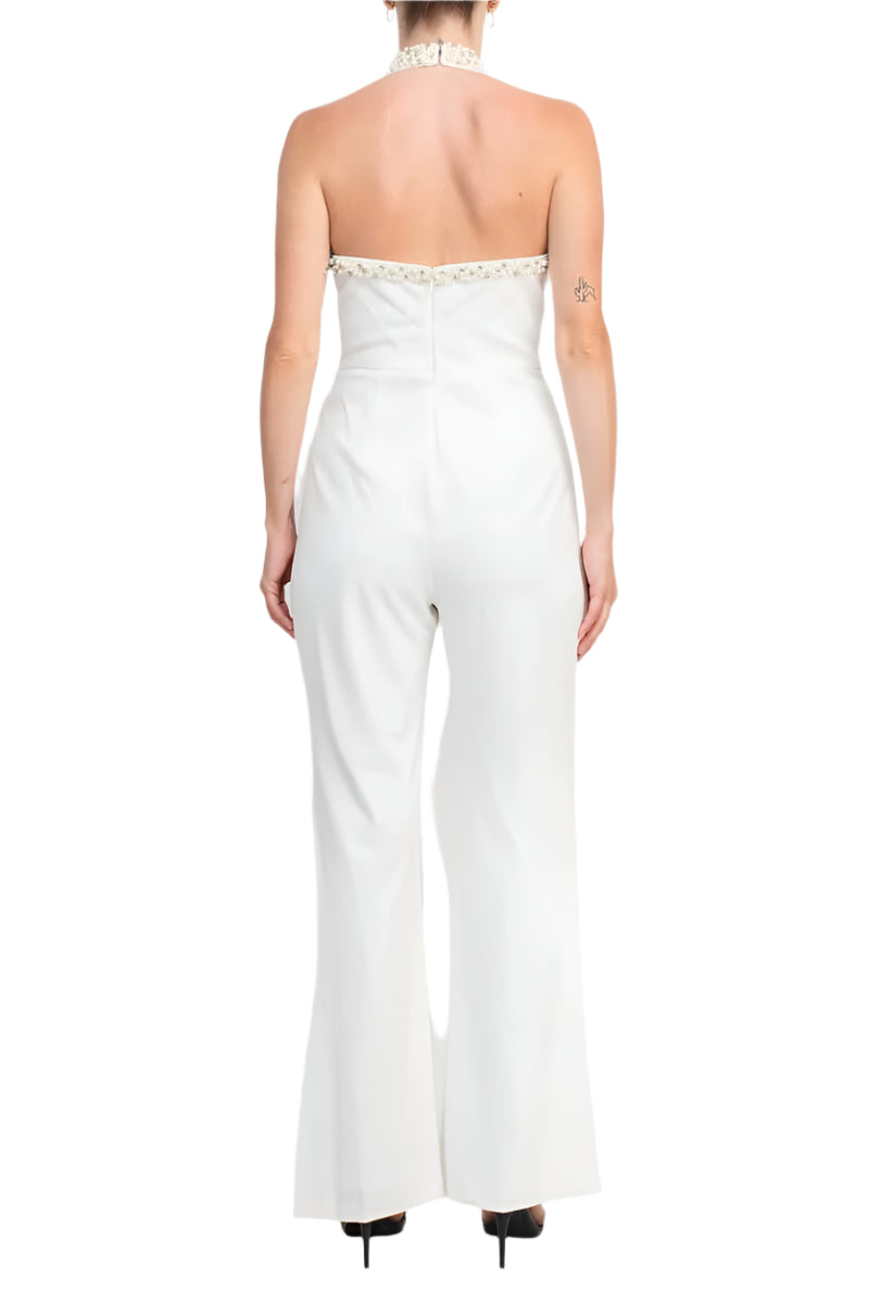 Adrianna Papell Embellished Halter Neck Open Zipper Back Solid Stretch Knit Crepe Jumpsuit-2