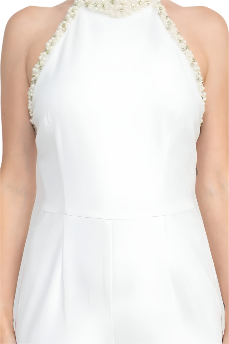 Adrianna Papell Embellished Halter Neck Open Zipper Back Solid Stretch Knit Crepe Jumpsuit-3