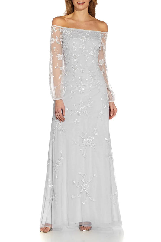 Adrianna Papell Off The Shoulder Long Sleeves Back Zipper Long Beaded Gown-0