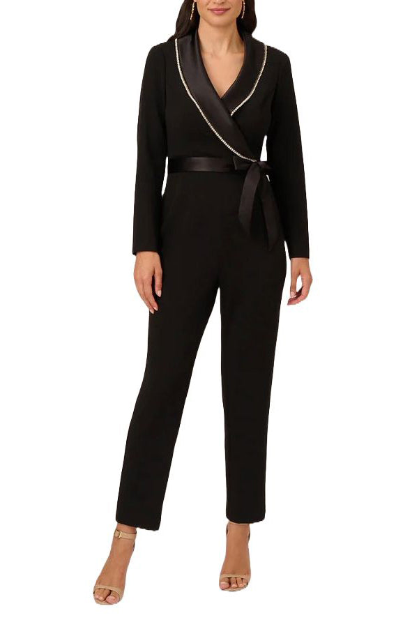 Adrianna Papell surplice neck long sleeve embellished collar tie waist zipper closure knit crepe jumpsuit-0