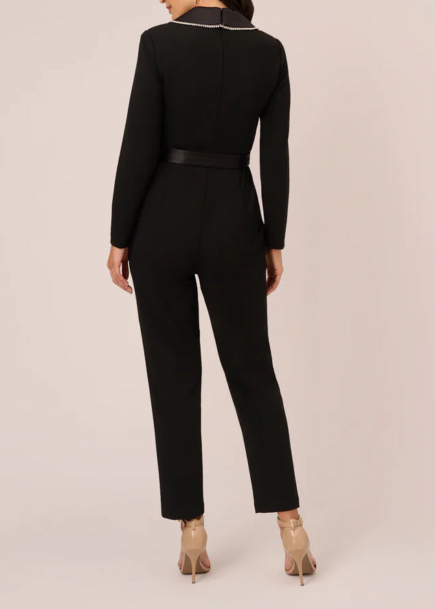 Adrianna Papell surplice neck long sleeve embellished collar tie waist zipper closure knit crepe jumpsuit-1