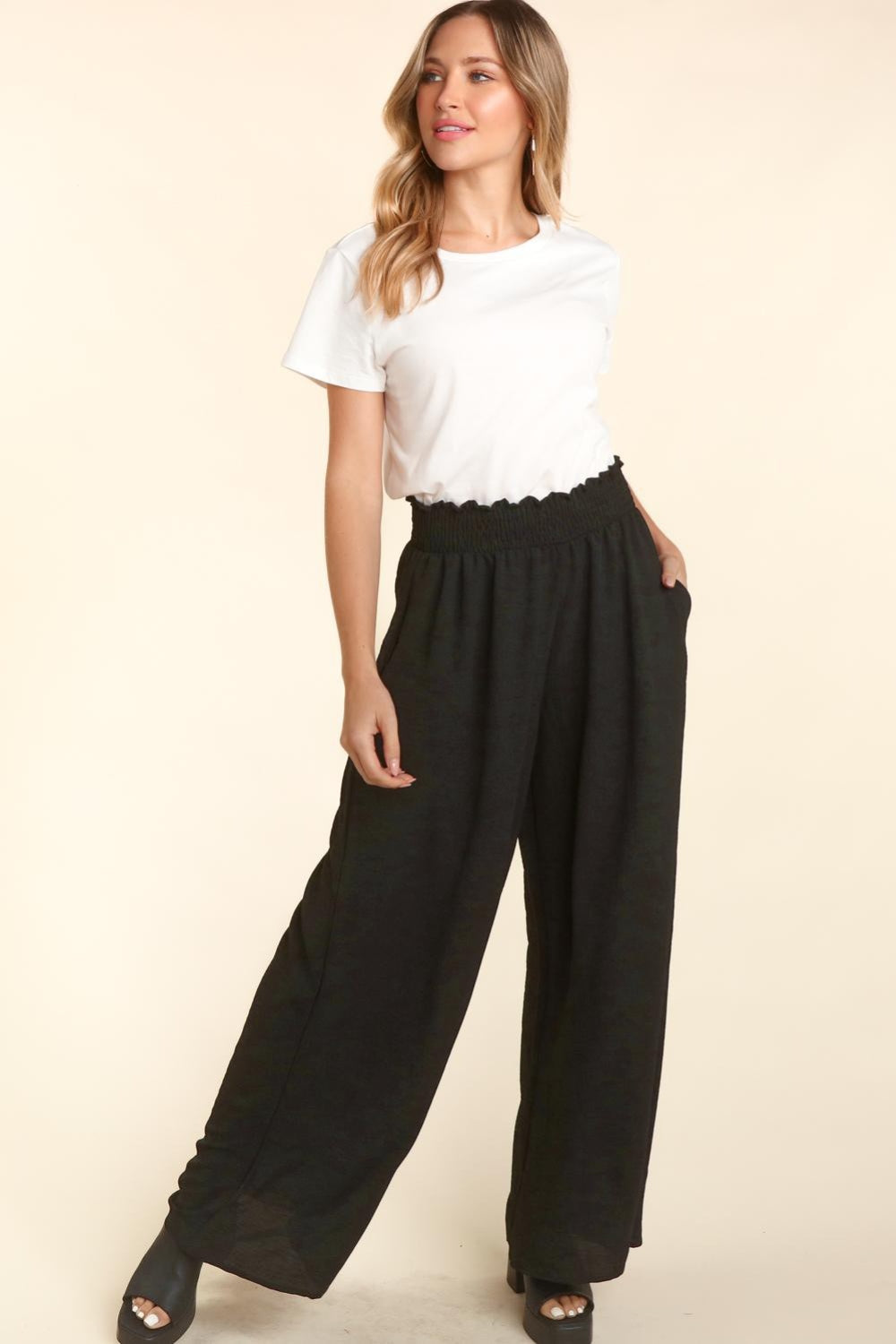 Haptics Elastic Waist Wide Leg Pants with Pockets-3