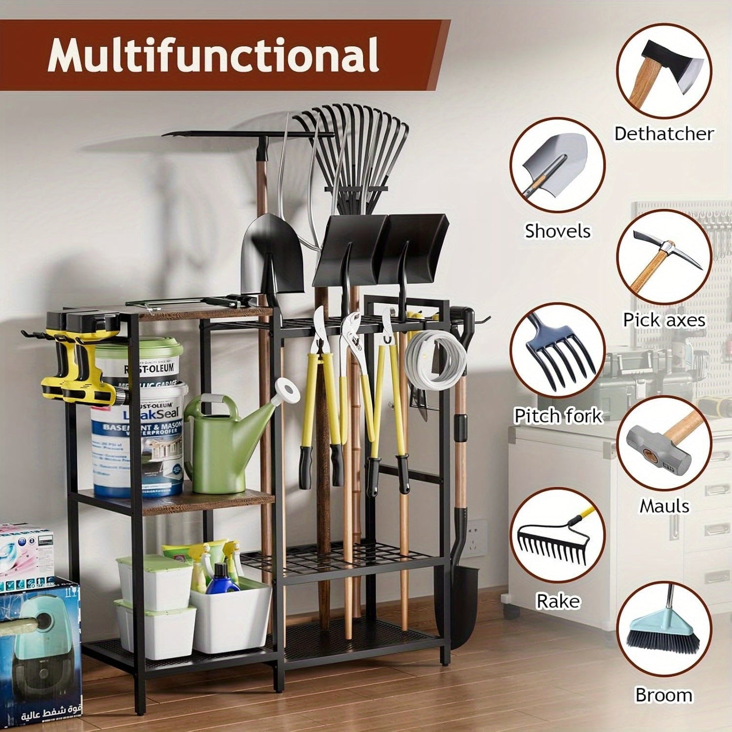 Garden Tool Rack with Wooden Shelves-2