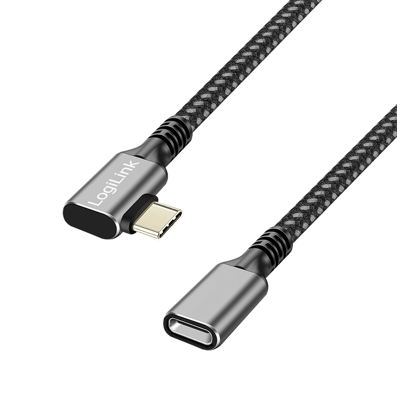 Cablu alimentare si date LOGILINK, pentru smartphone, USB 3.2, USB Gen Type-C (T) la USB Type-C (M) la 90 grade, 2m, PD 100W, 2 x ecranat, aluminiu, braiding, negru&gri (CUA0112)-0