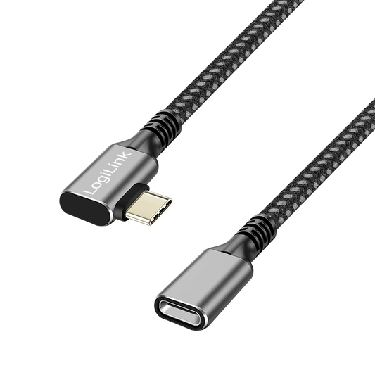 Cablu alimentare si date LOGILINK, pentru smartphone, USB 3.2, USB Gen Type-C (T) la USB Type-C (M) la 90 grade, 2m, PD 100W, 2 x ecranat, aluminiu, braiding, negru&gri (CUA0112)-0