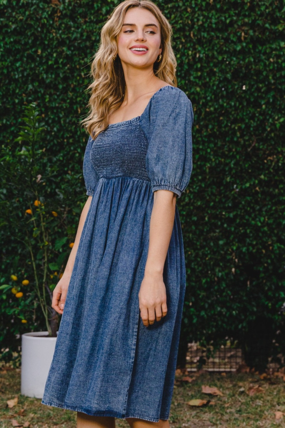 ODDI Full Size Washed Smocked Puff Sleeve Dress-2