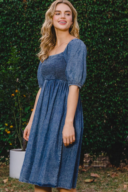 ODDI Full Size Washed Smocked Puff Sleeve Dress-2