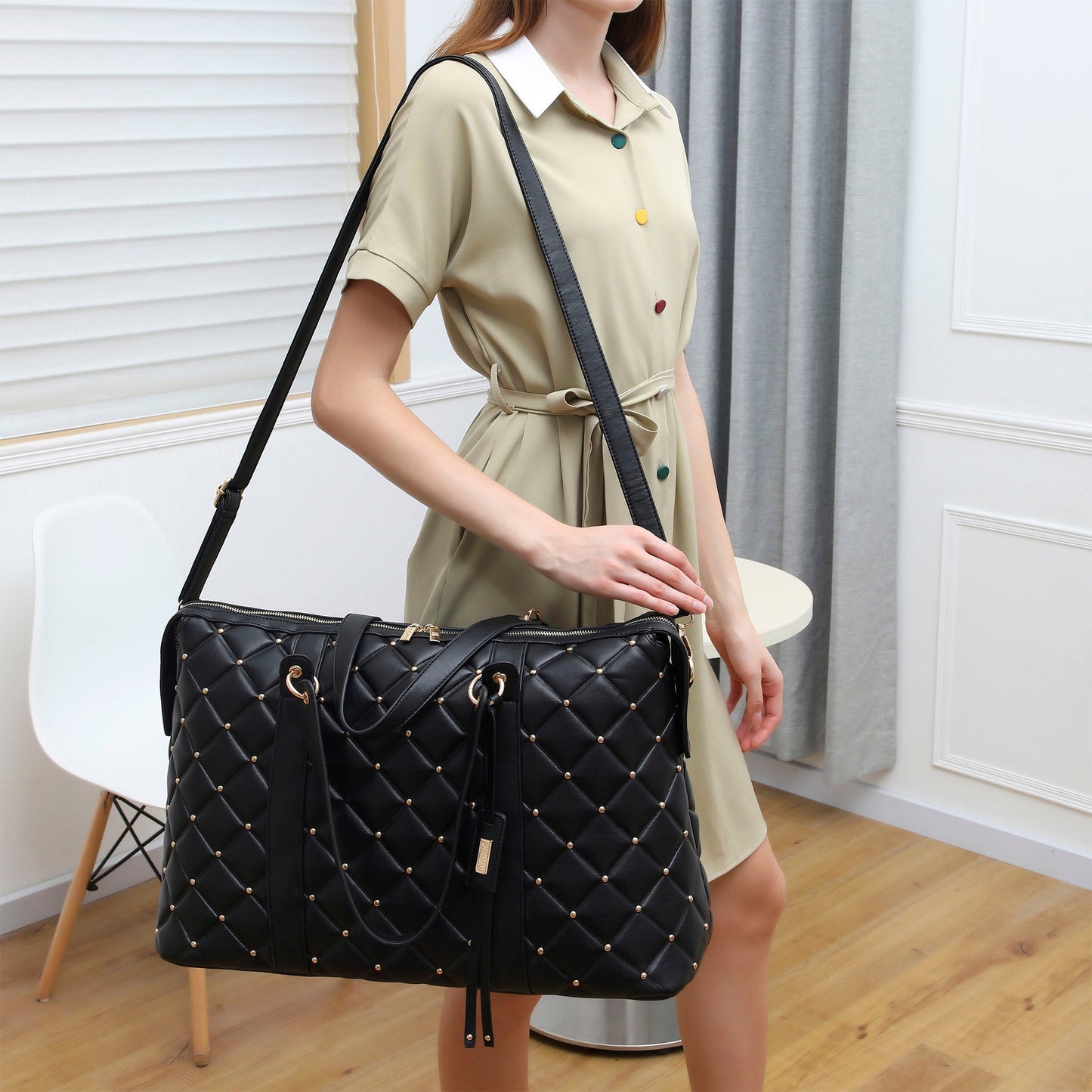 Diamond Quilted Vegan Leather Weekender Tote Bag-2