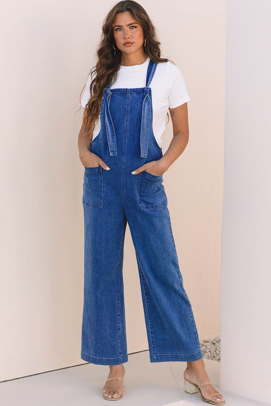 Elodie Knotted Strap Wide Leg Denim Overalls-0