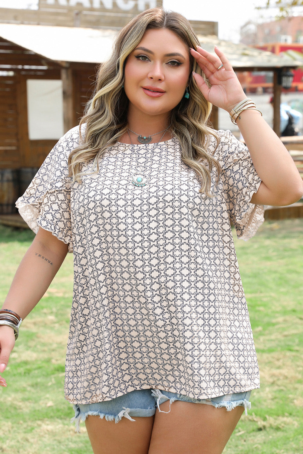 Faith Plus Size Geometric Ruffled Sleeve Blouse-3