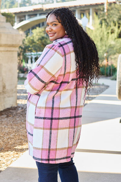 Double Take Full Size Plaid Button Up Lapel Collar Coat-4