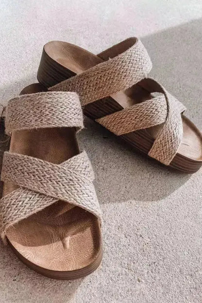 Beige Woven Criss-Cross Slippers-4