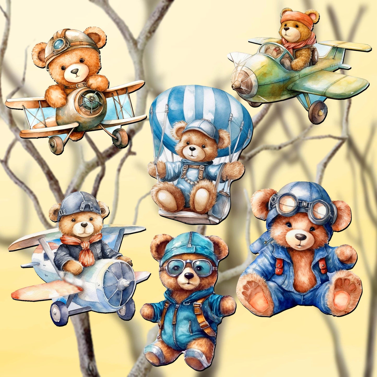 Aviator Teddy Bear Decorative Wooden Clip-on Ornaments of 6 by G. Debrekht - Christmas Decor - 8090010C-S6-0