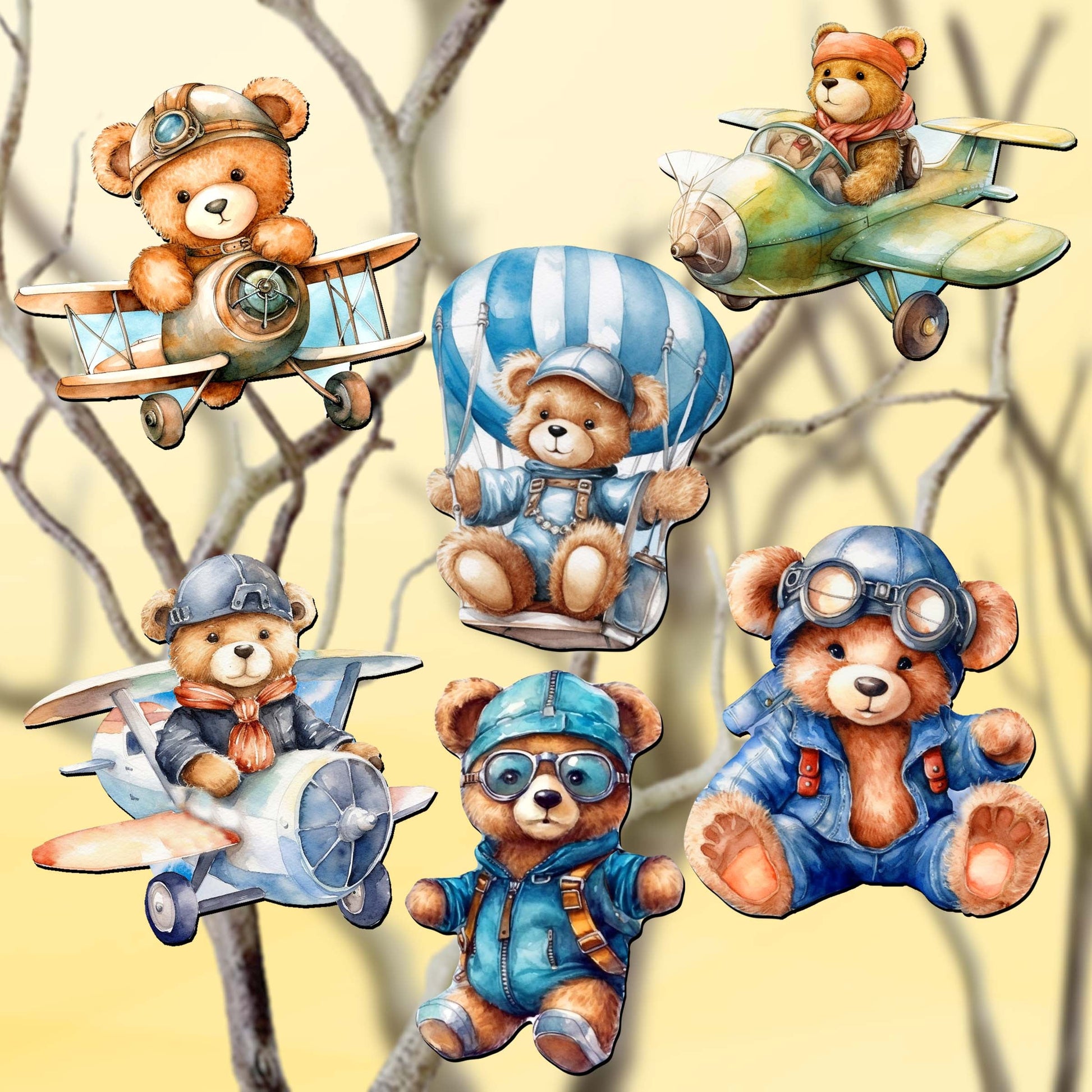 Aviator Teddy Bear Decorative Wooden Clip-on Ornaments of 6 by G. Debrekht - Christmas Decor - 8090010C-S6-0