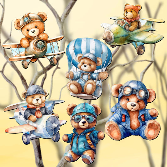 Aviator Teddy Bear Decorative Wooden Clip-on Ornaments of 6 by G. Debrekht - Christmas Decor - 8090010C-S6-0