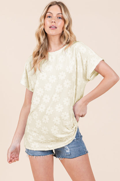 BOMBOM Textured Floral Pattern Short Sleeve T-Shirt-2