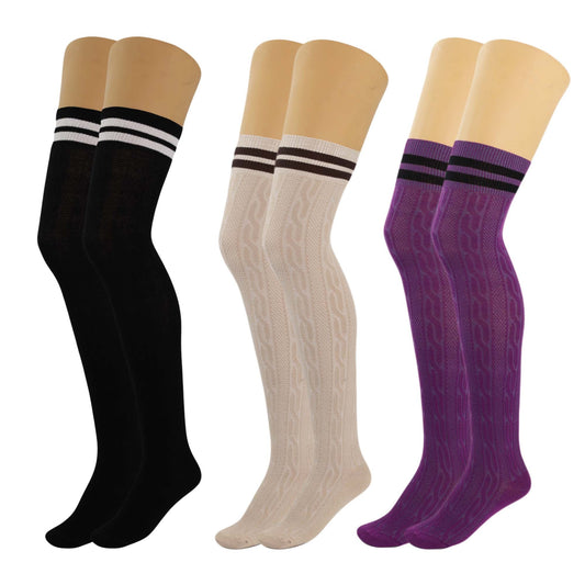 3 Pairs Women’s Colorful Thigh-High Over-the-Knee Boot Socks – Soft, Stretchy, Warm Knitted Stockings, Size 5-10-0