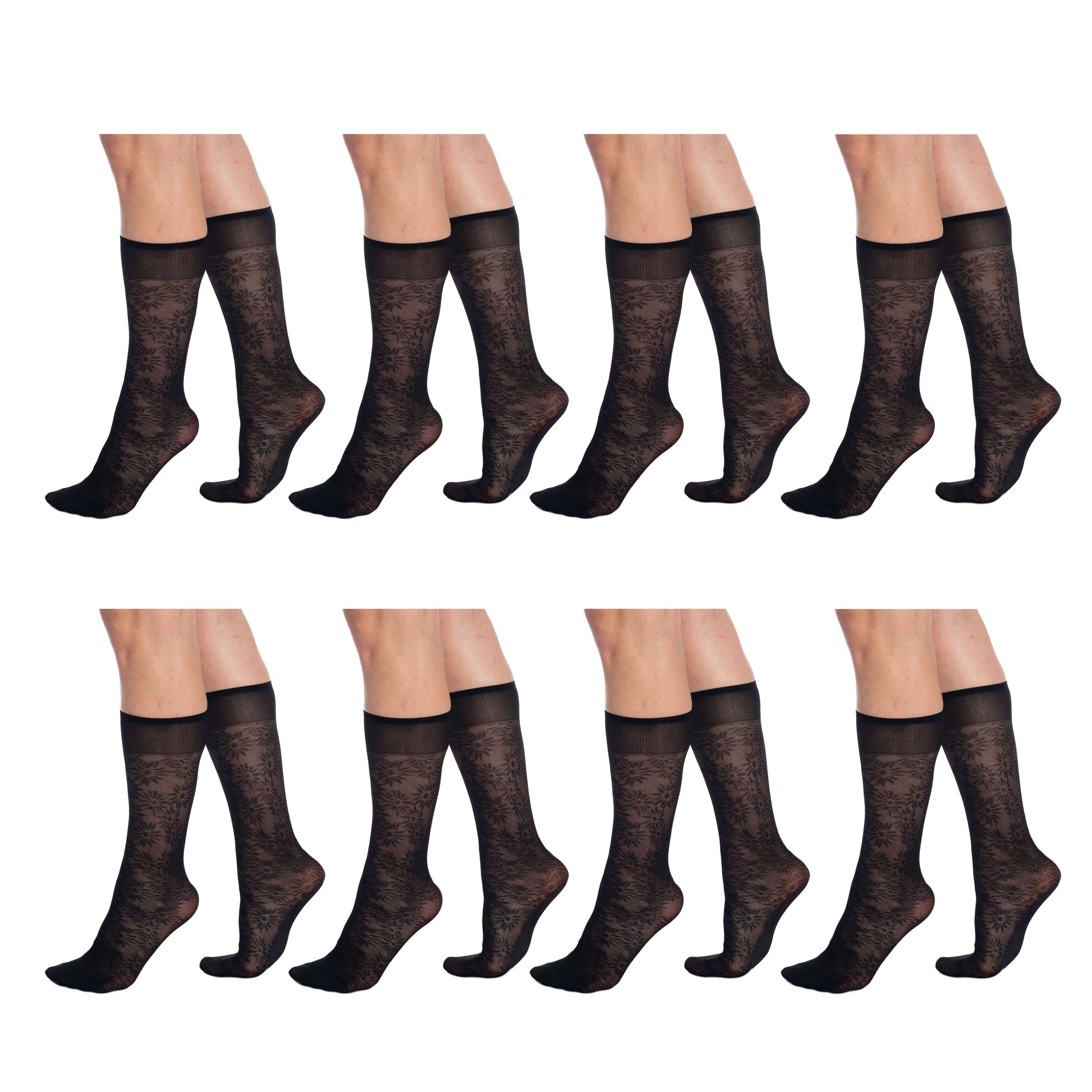 8 Pairs Sheer Knee High Socks for Women 15 Denier with Flower Patterned One Size-0