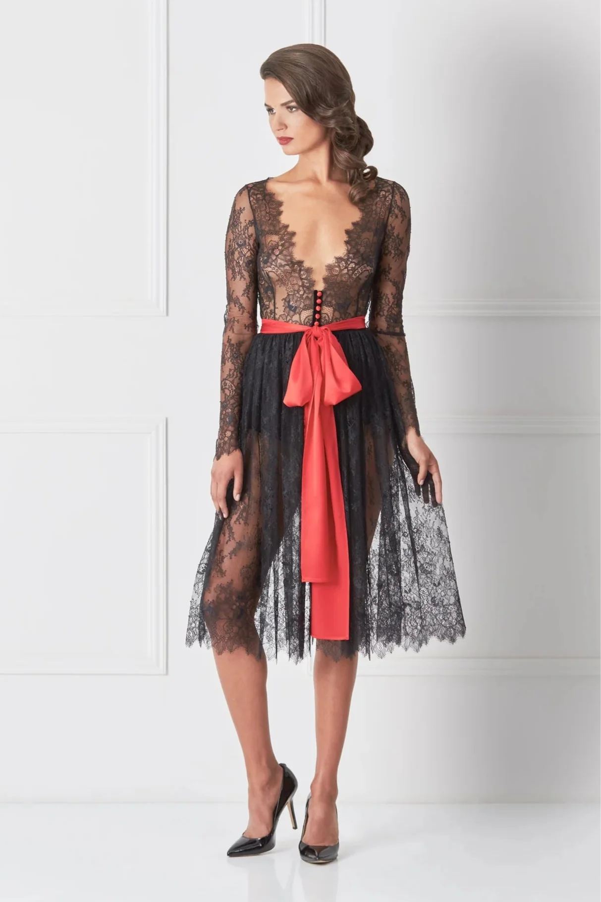 Amoralle Black Lace Sheer Robe With A Bow-0