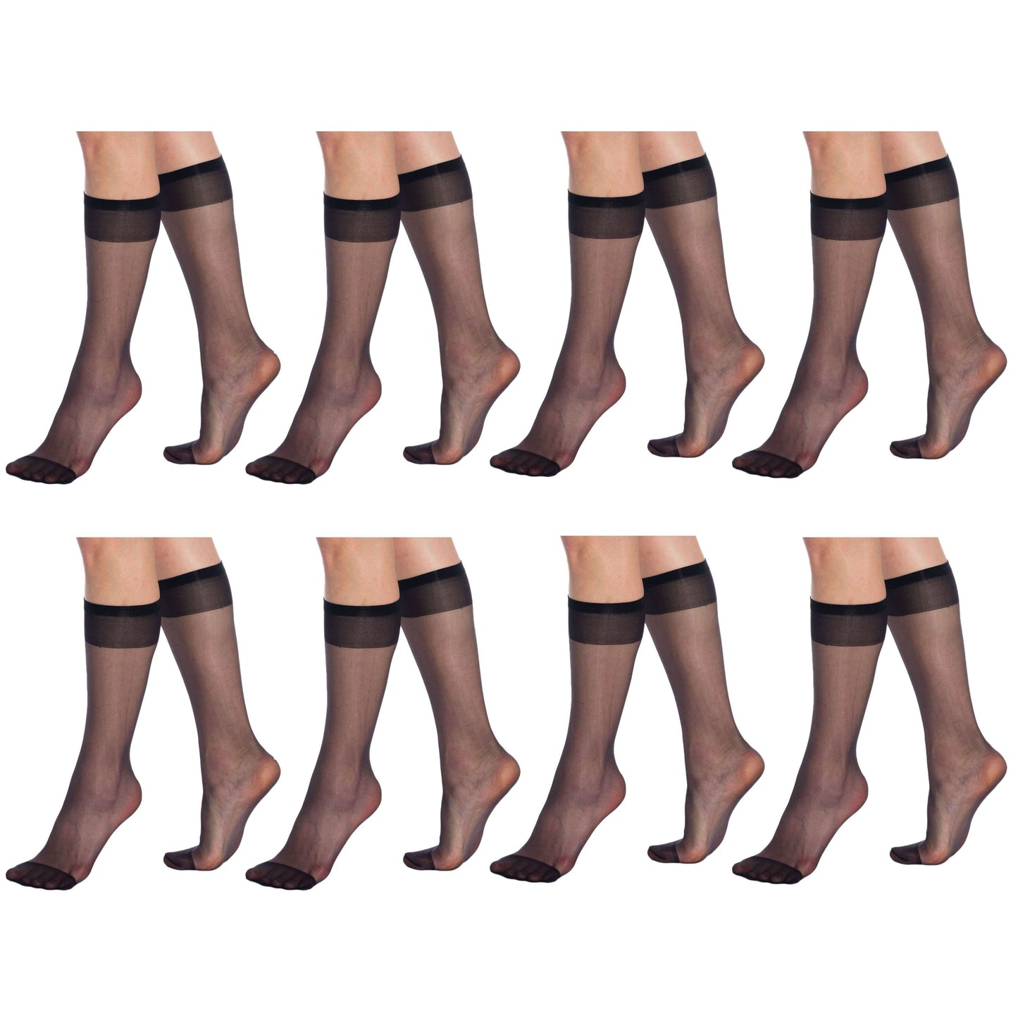 8 Pairs Sheer Knee High Socks for Women 15 Denier with Stay-Up Band One Size-0