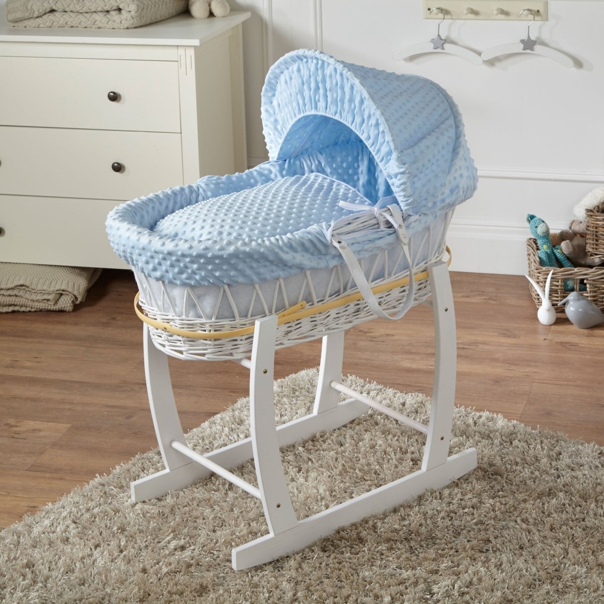 Blue Dimple White Wicker Baby Moses Basket With Stand-0