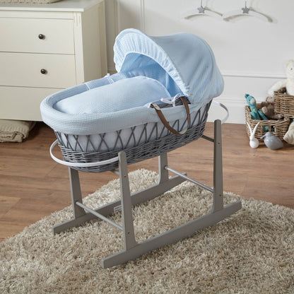 Blue Waffle Grey Wicker Baby Moses Basket With Stand-0