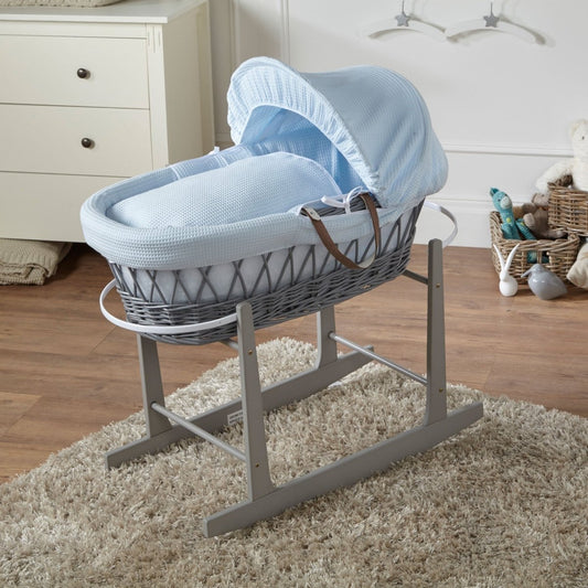 Blue Waffle Grey Wicker Baby Moses Basket With Stand-0