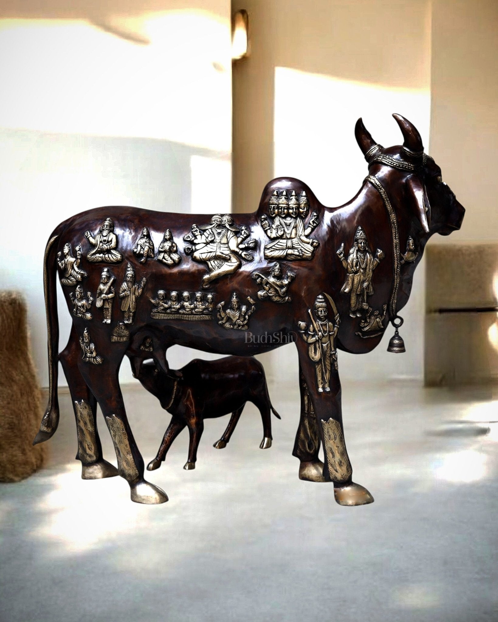 Brass Large Kamadhenu Cow with Calf – 53"-3