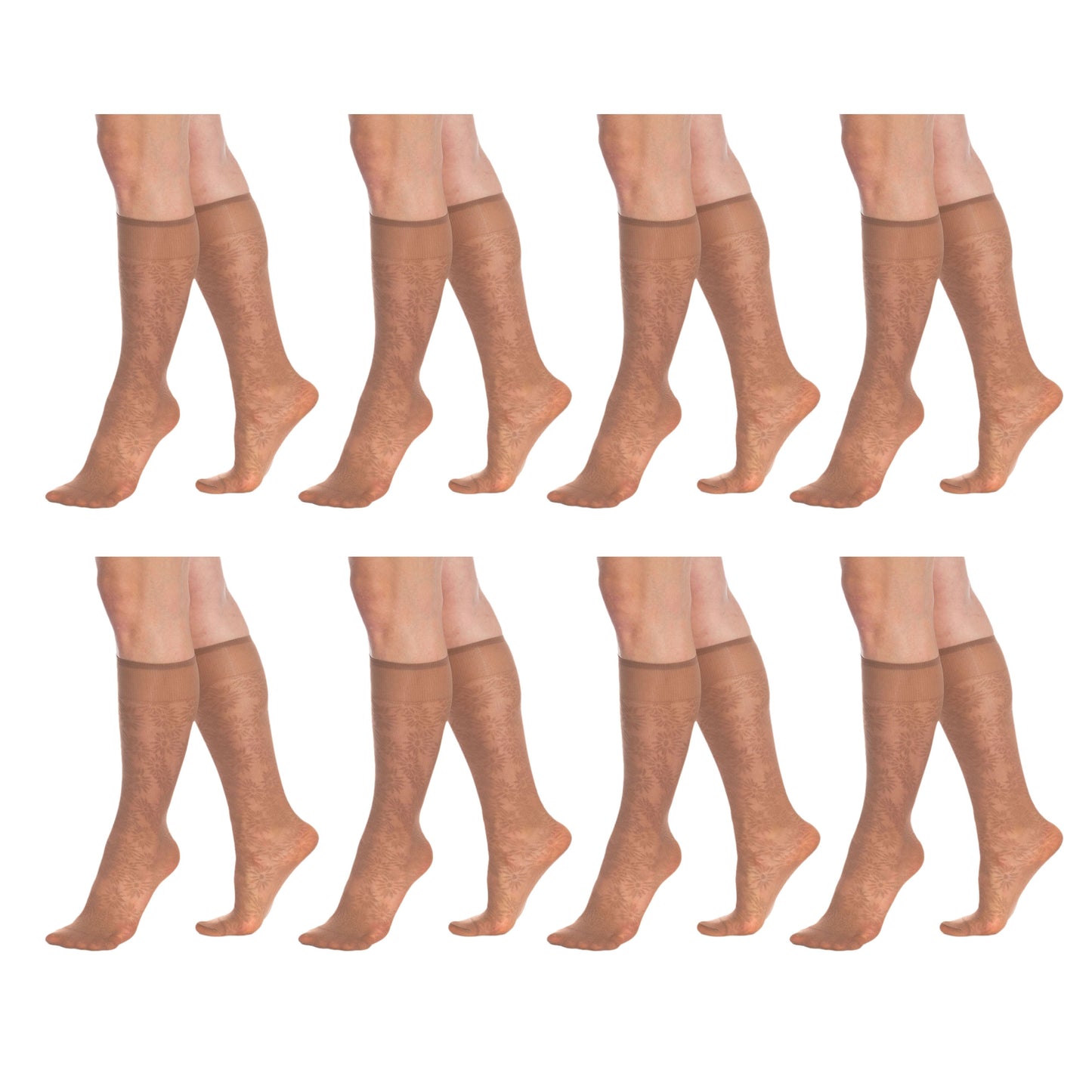 8 Pairs Sheer Knee High Socks for Women 15 Denier with Flower Patterned One Size-1