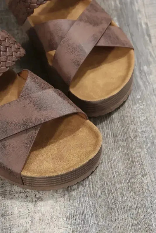 Brown Braided PU Leather Platform Slippers-4