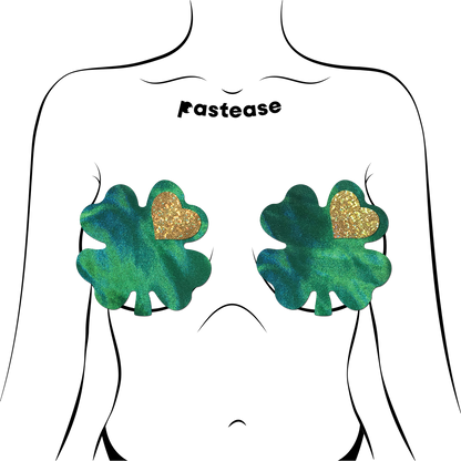 5-Pack: Coverage: Clover Green Holographic with Glitter Gold Heart Breast Coverings by Pastease-2