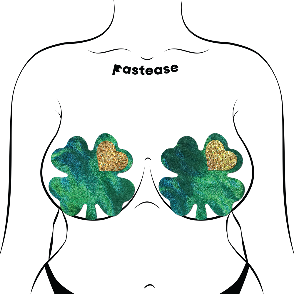 5-Pack: Coverage: Clover Green Holographic with Glitter Gold Heart Breast Coverings by Pastease-1