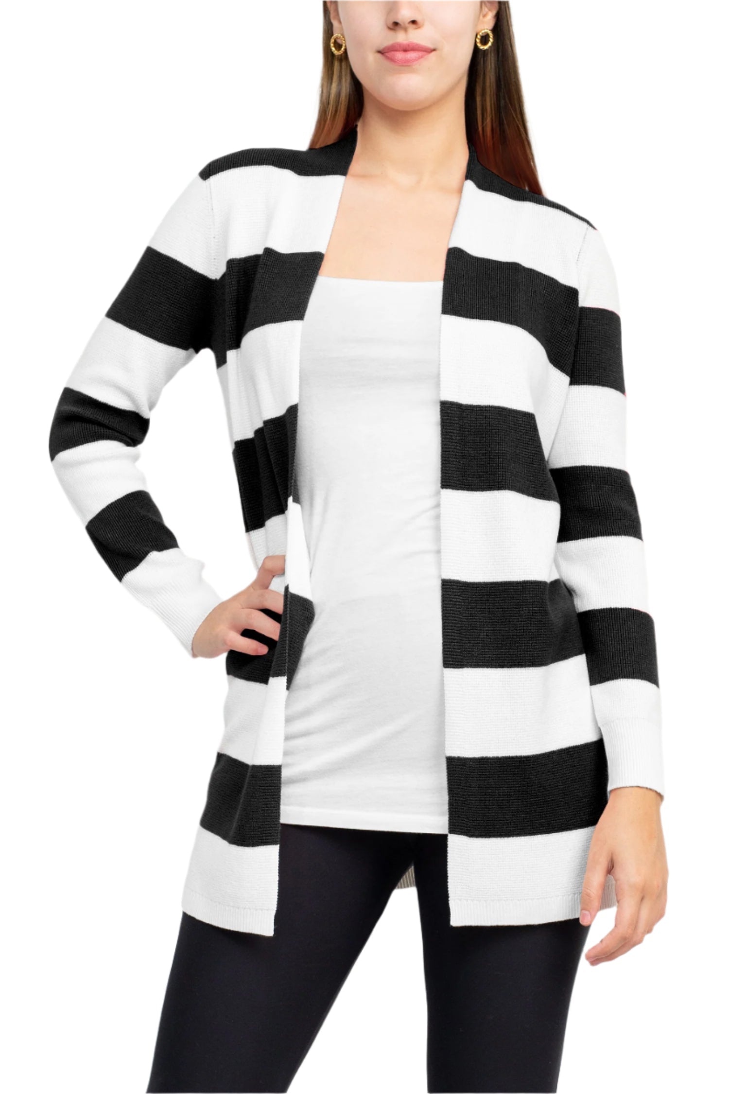 Cyrus Open Front Long Sleeve Stripe Pattern Knit Jacket-0