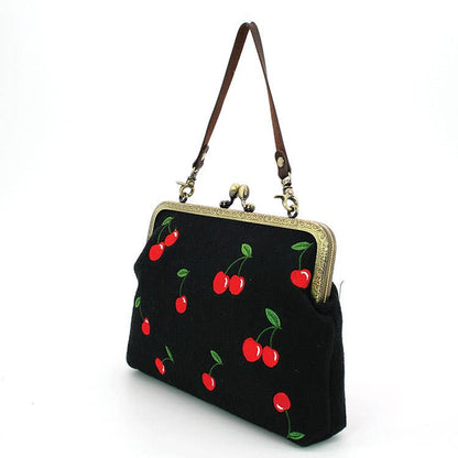 Cherry Kisslock Handbag in Linen + Cotton blend fabric: BLACK-1