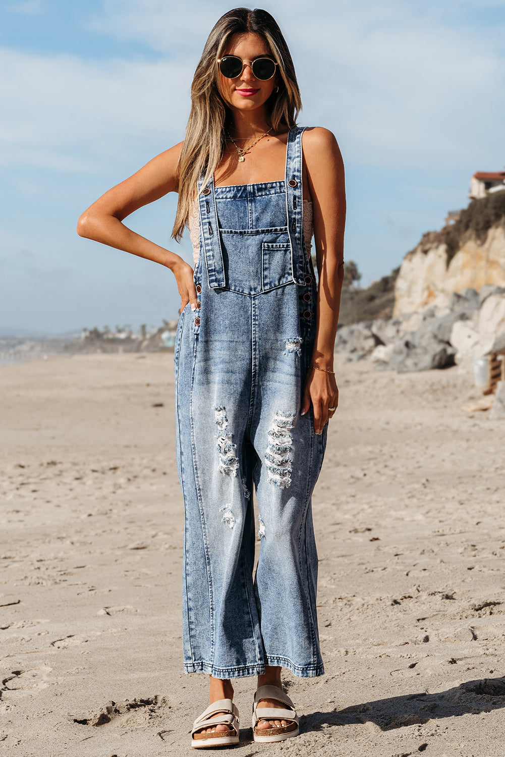 Baylor Distressed Bib Pocket Wide Leg Denim Overall-0