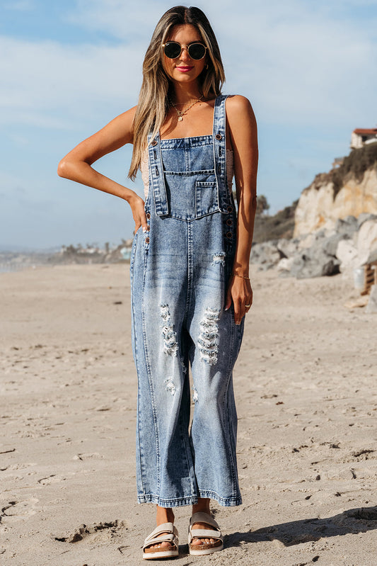 Baylor Distressed Bib Pocket Wide Leg Denim Overall-0