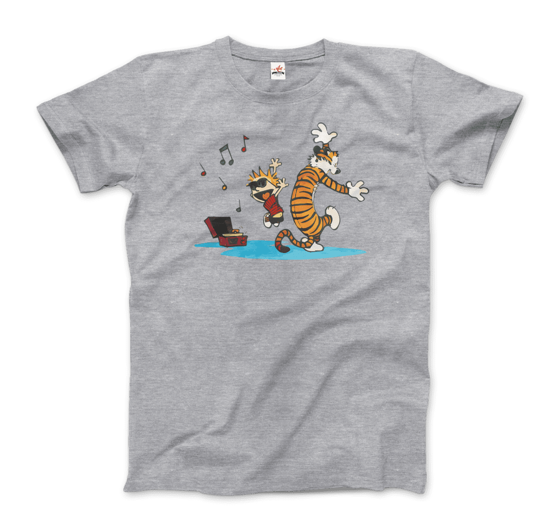 Calvin and Hobbes Dancing with Record Player T-Shirt-0